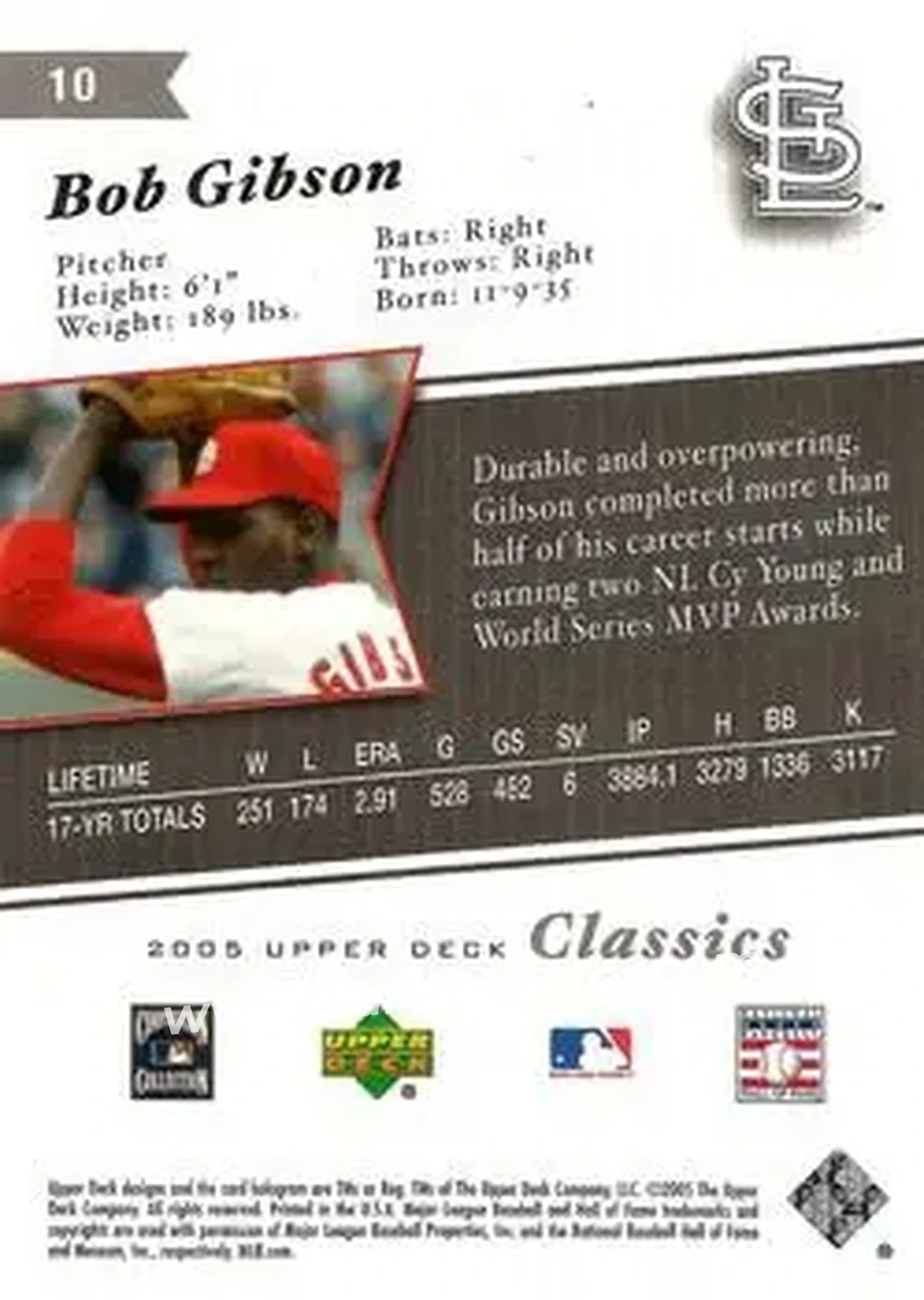 2005 Upper Deck Classics #10 - Bob Gibson - St. Louis Cardinals - Back
