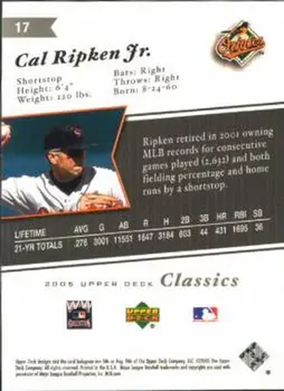 2005 Upper Deck Classics #17 - Cal Ripken - Baltimore Orioles - Back 2005 Upper Deck Classics #17 - Cal Ripken - Baltimore Orioles - Back