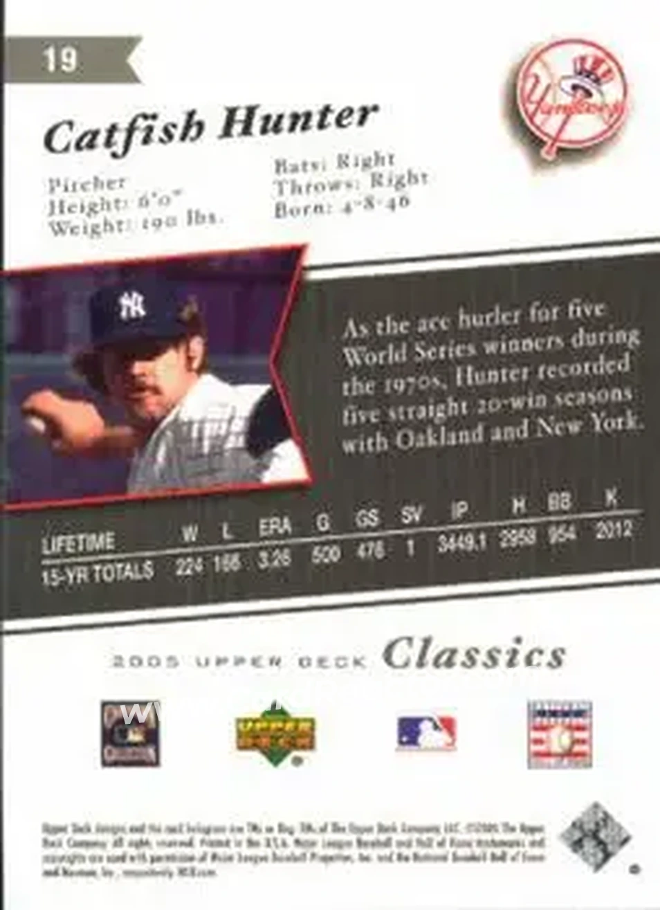 2005 Upper Deck Classics #19 - Jim Hunter - New York Yankees - Back 2005 Upper Deck Classics #19 - Jim Hunter - New York Yankees - Back