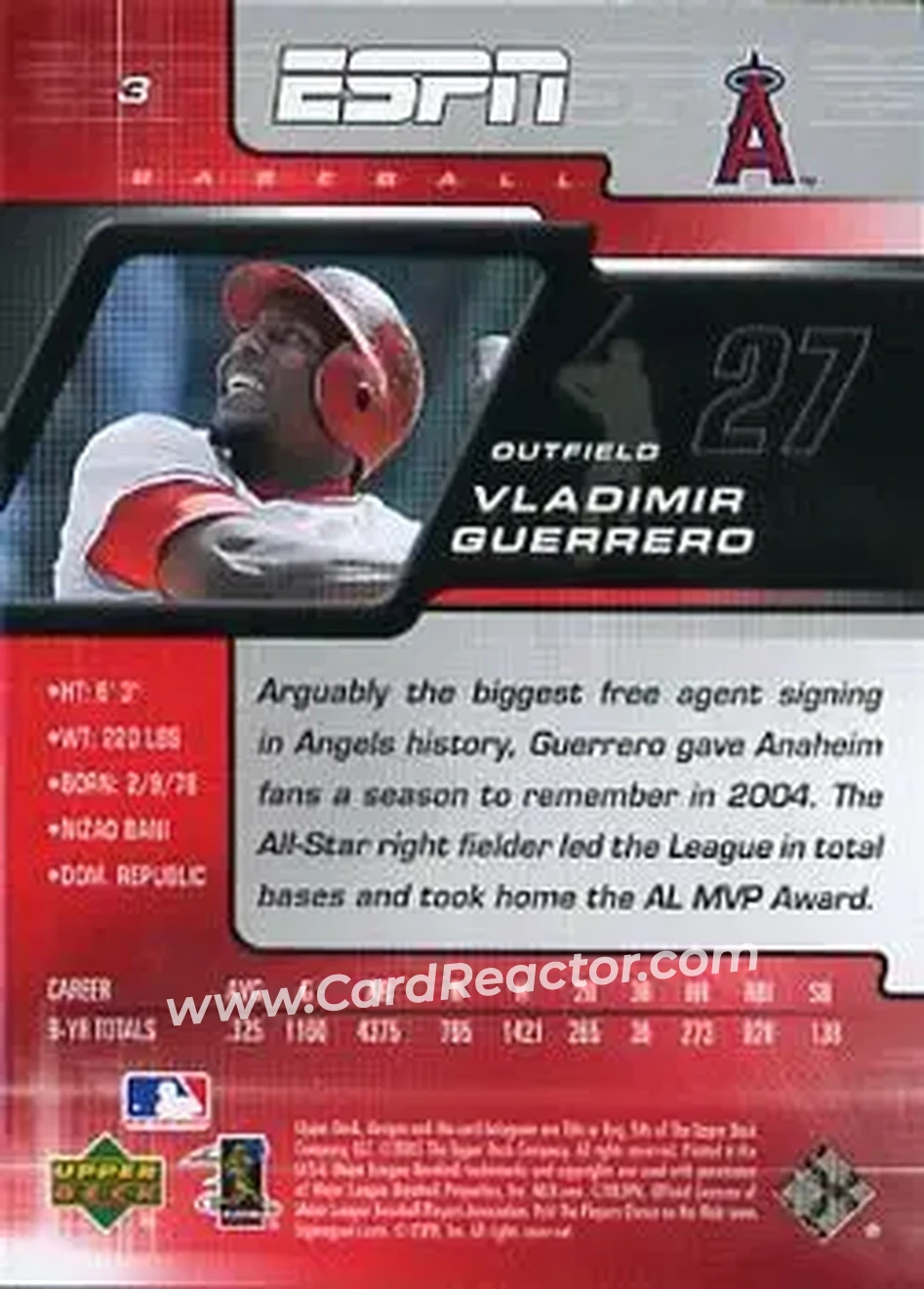 2005 Upper Deck ESPN #3 - Vladimir Guerrero - Los Angeles Angels - Back