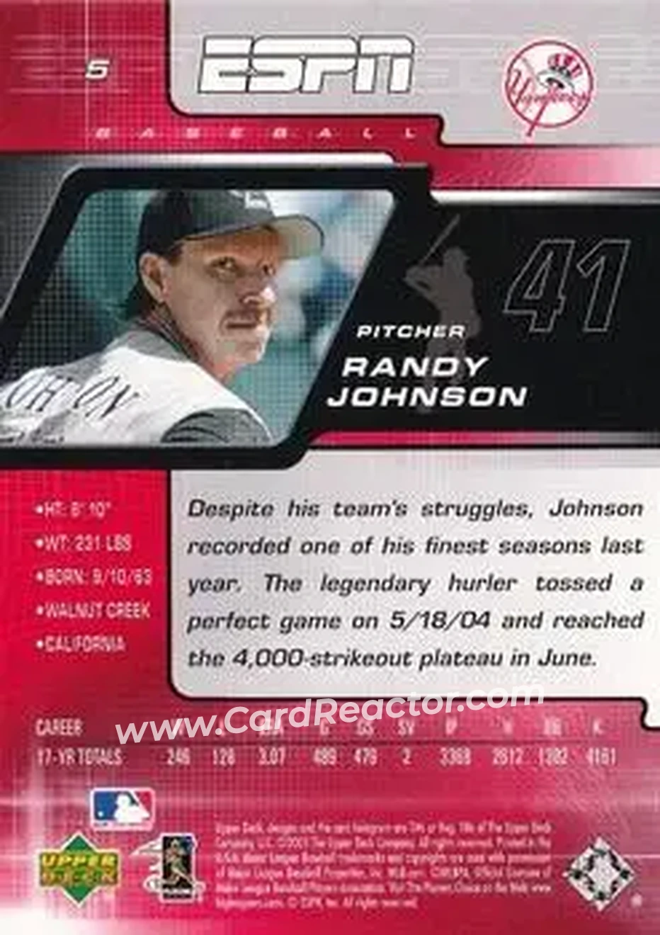 2005 Upper Deck ESPN #5 - Randy Johnson - New York Yankees - Back