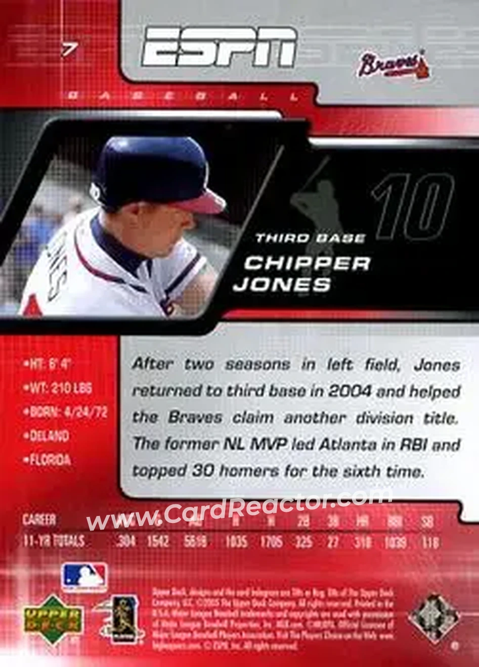 2005 Upper Deck ESPN #7 - Chipper Jones - Atlanta Braves - Back 2005 Upper Deck ESPN #7 - Chipper Jones - Atlanta Braves - Back