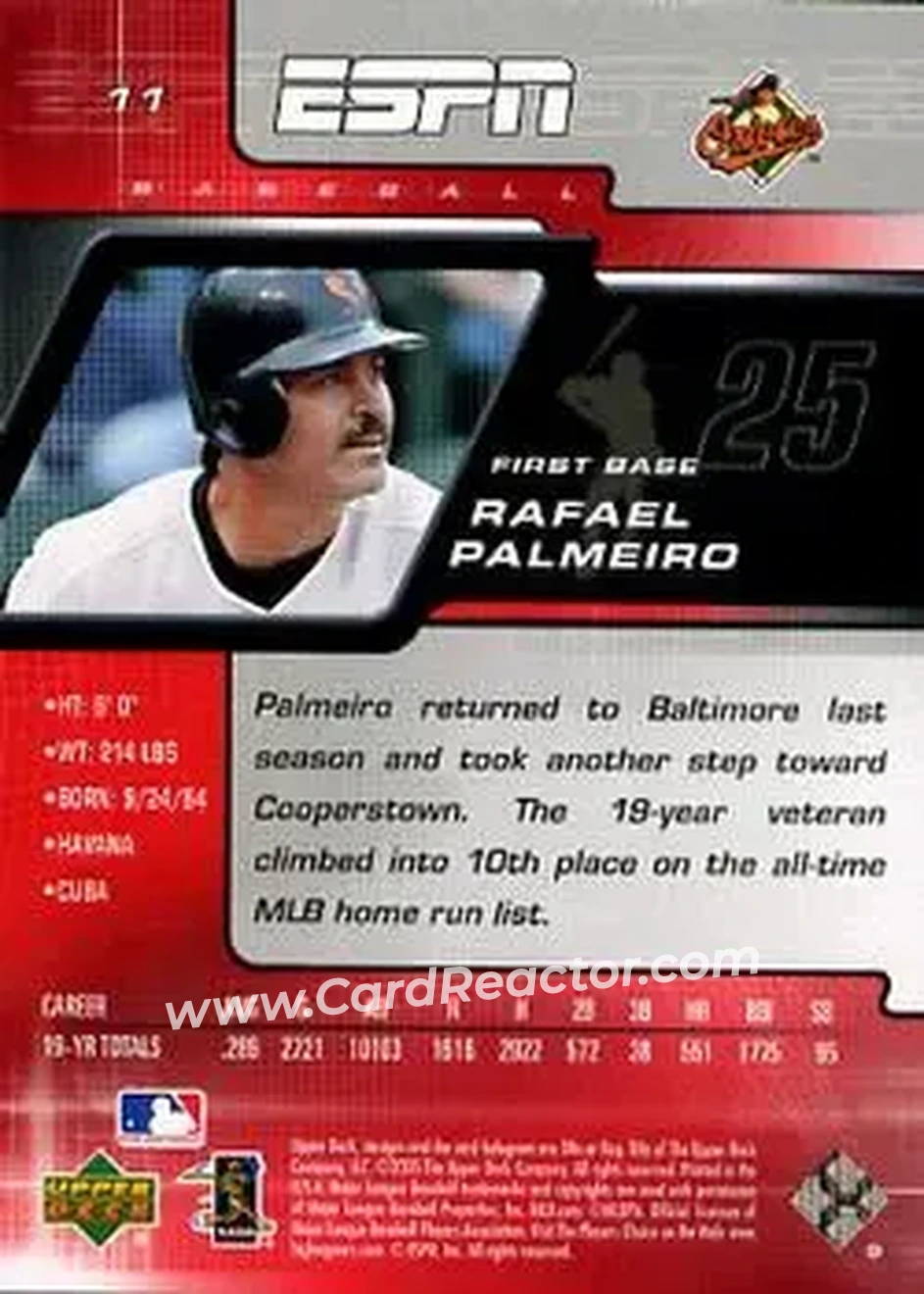 2005 Upper Deck ESPN #11 - Rafael Palmeiro - Baltimore Orioles - Back