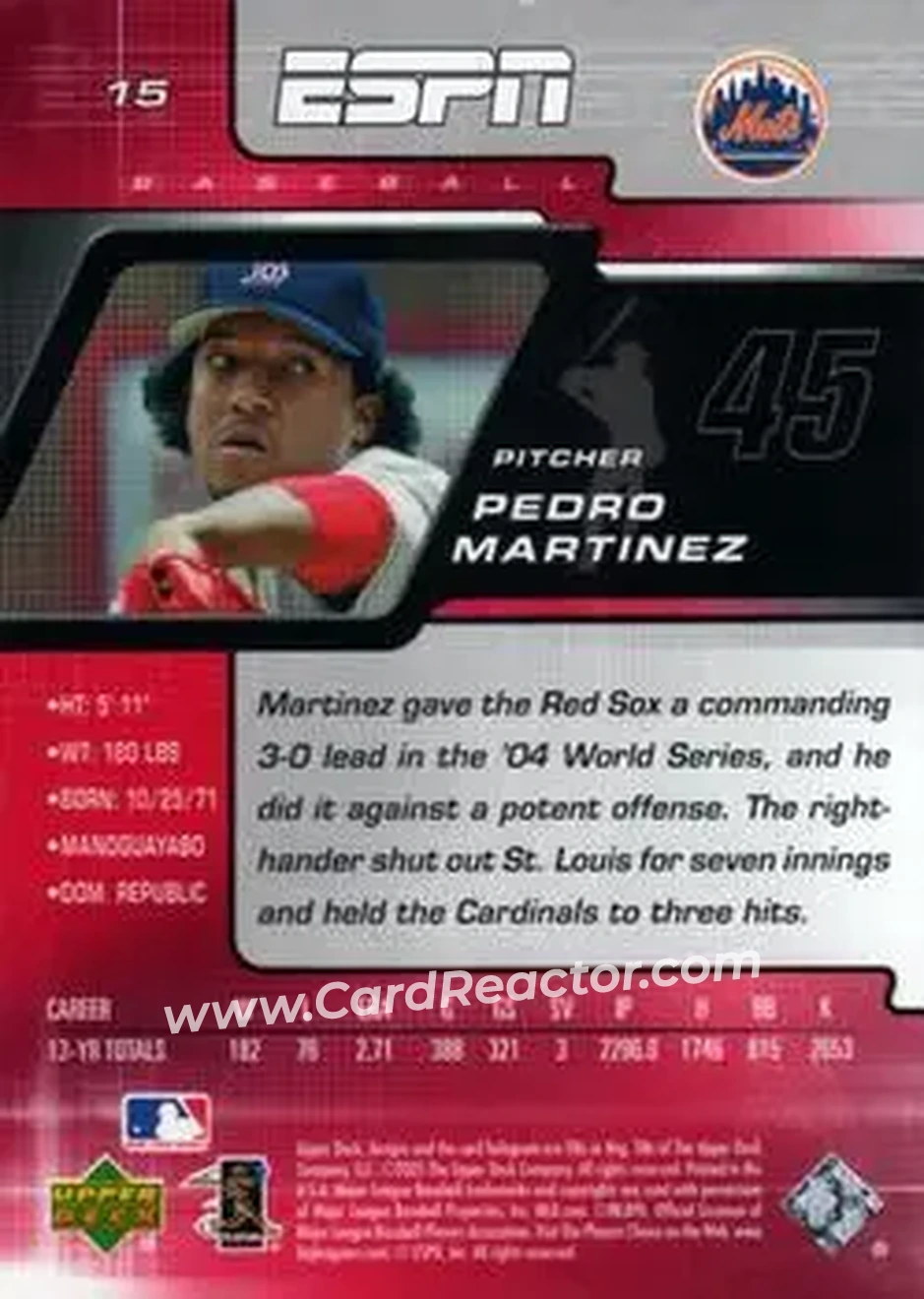 2005 Upper Deck ESPN #15 - Pedro Martinez - New York Mets - Back
