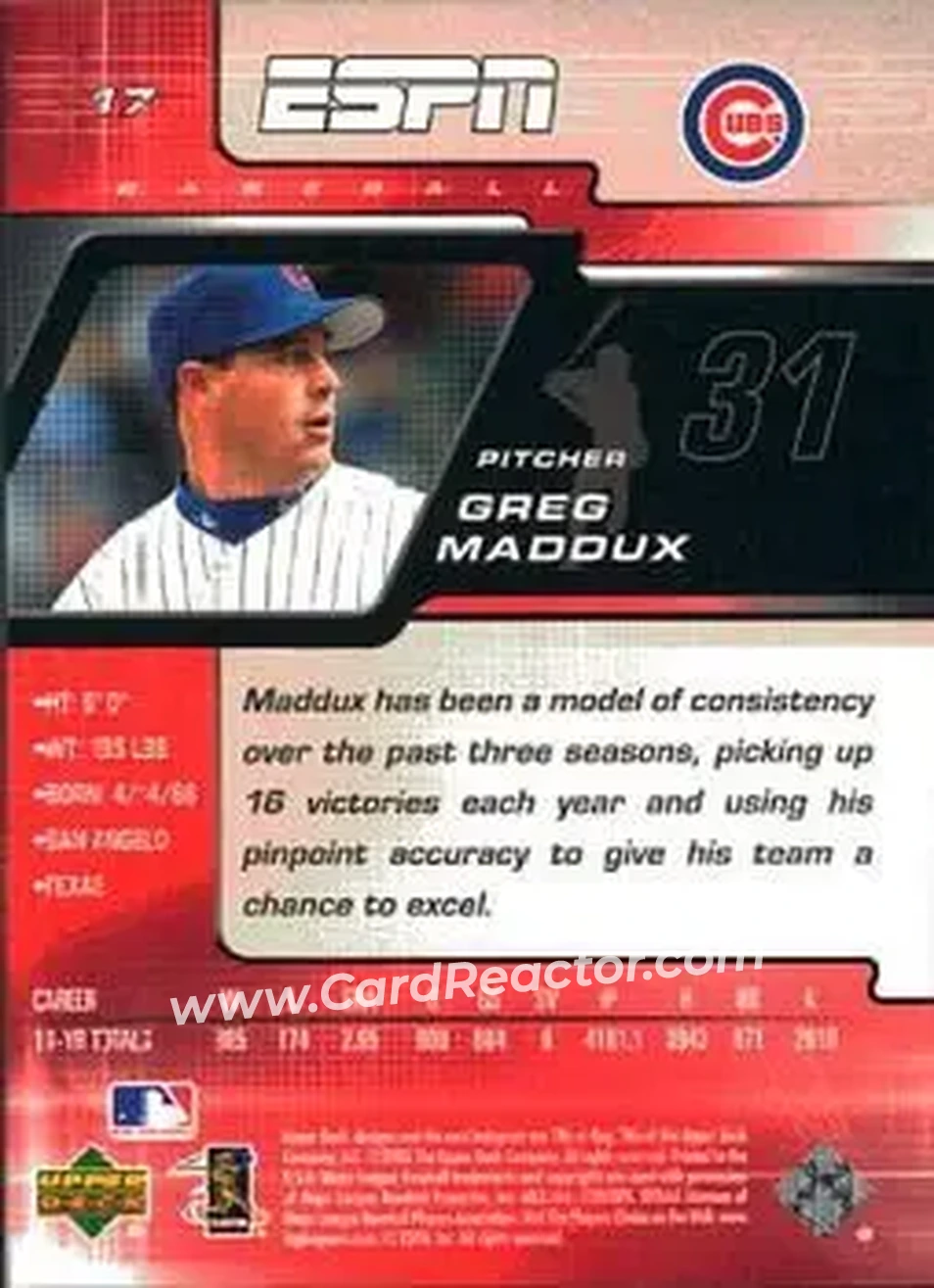 2005 Upper Deck ESPN #17 - Greg Maddux - Chicago Cubs - Back 2005 Upper Deck ESPN #17 - Greg Maddux - Chicago Cubs - Back