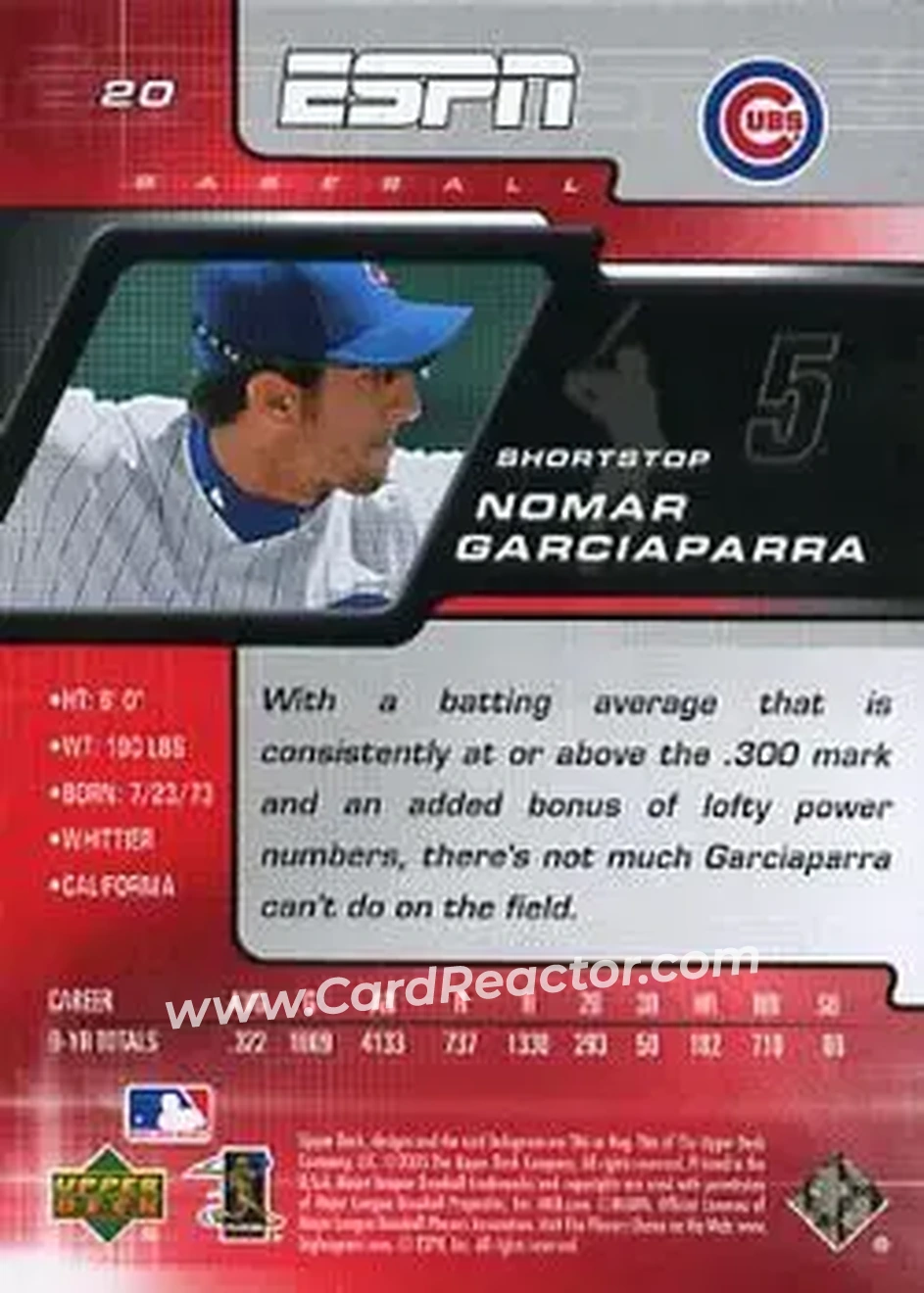 2005 Upper Deck ESPN #20 - Nomar Garciaparra - Chicago Cubs - Back