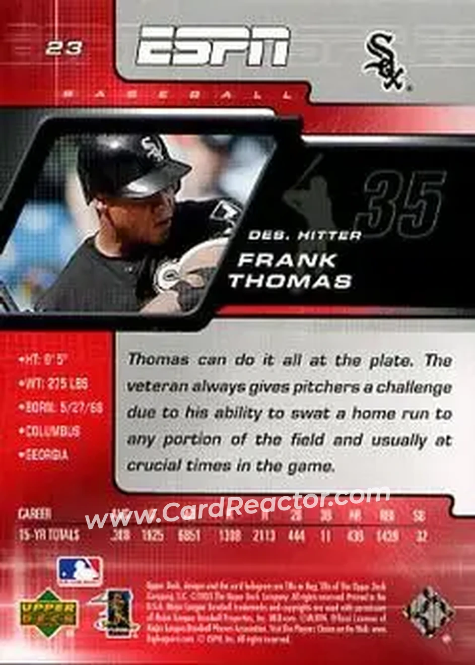 2005 Upper Deck ESPN #23 - Frank Thomas - Chicago White Sox - Back
