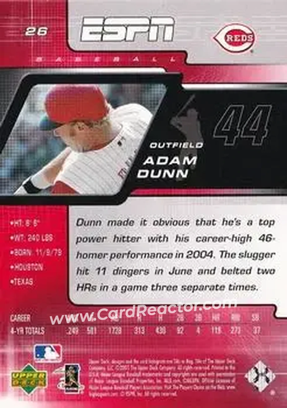 2005 Upper Deck ESPN #26 - Adam Dunn - Cincinnati Reds - Back