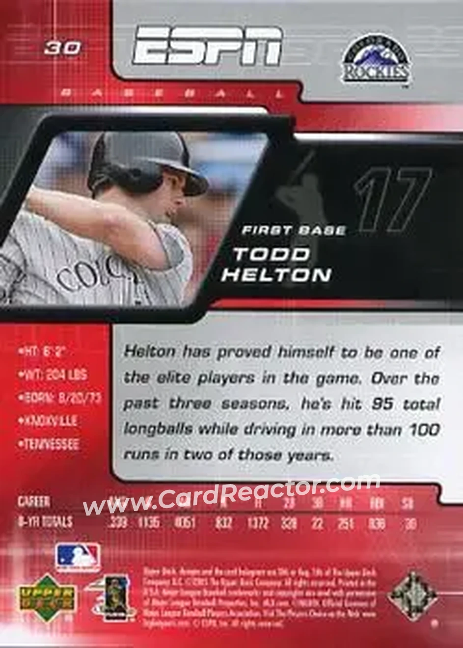 2005 Upper Deck ESPN #30 - Todd Helton - Colorado Rockies - Back