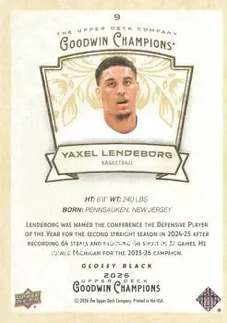 2026 Upper Deck Goodwin Champions - Glossy Black #9 - Yaxel Lendeborg - Back