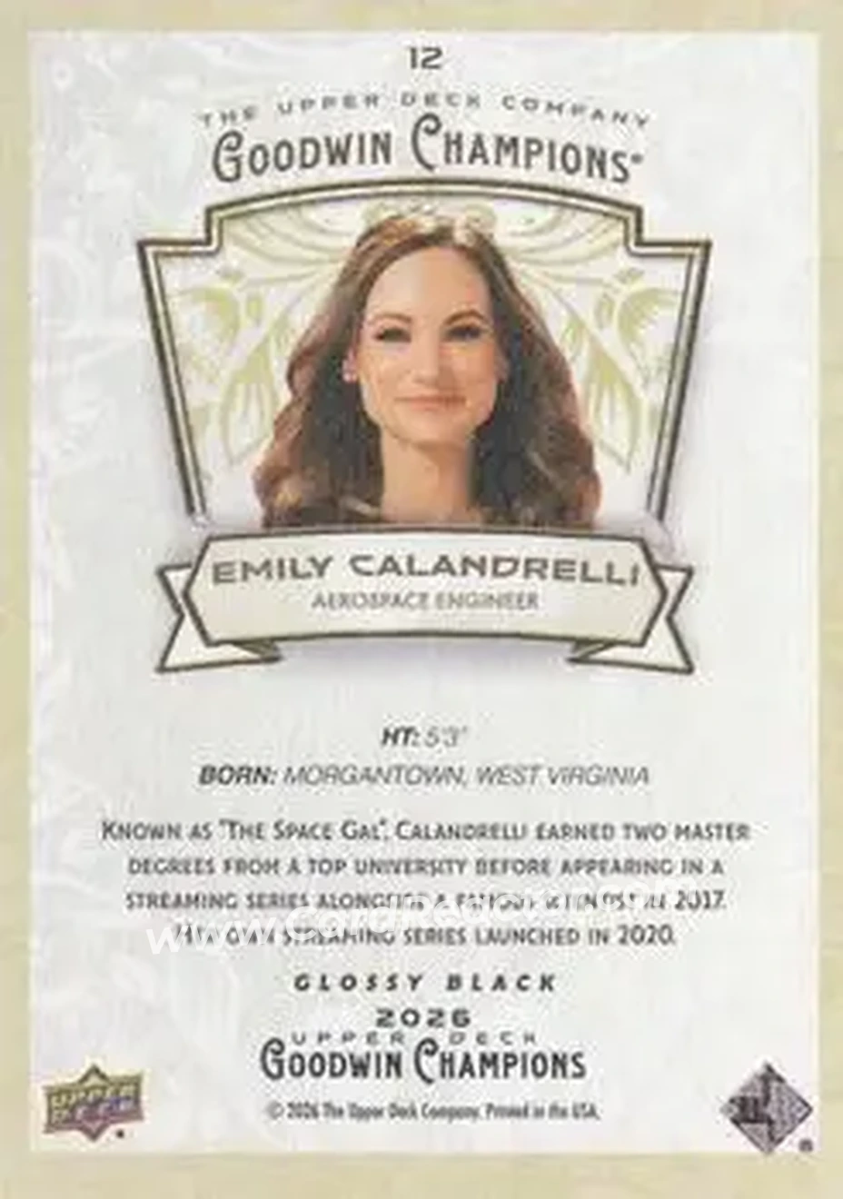 2026 Upper Deck Goodwin Champions - Glossy Black #12 - Emily Calandrelli - Back
