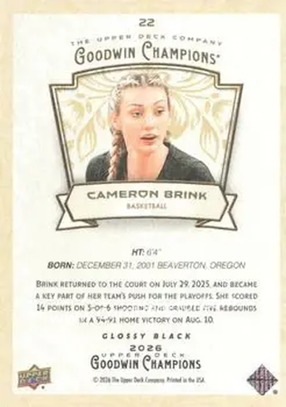 2026 Upper Deck Goodwin Champions - Glossy Black #22 - Cameron Brink - Back 2026 Upper Deck Goodwin Champions - Glossy Black #22 - Cameron Brink - Back