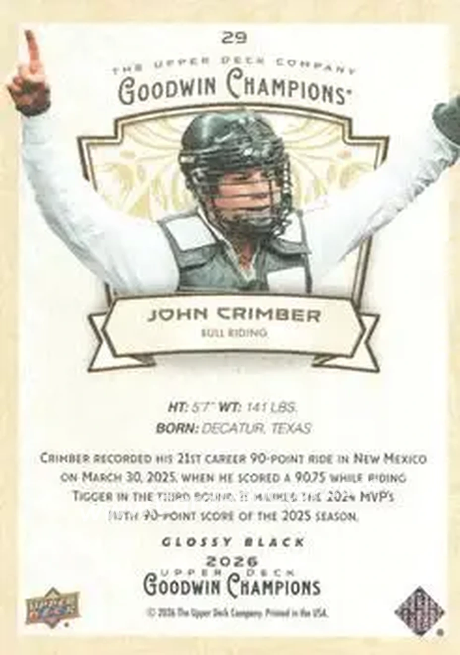 2026 Upper Deck Goodwin Champions - Glossy Black #29 - John Crimber - Back 2026 Upper Deck Goodwin Champions - Glossy Black #29 - John Crimber - Back