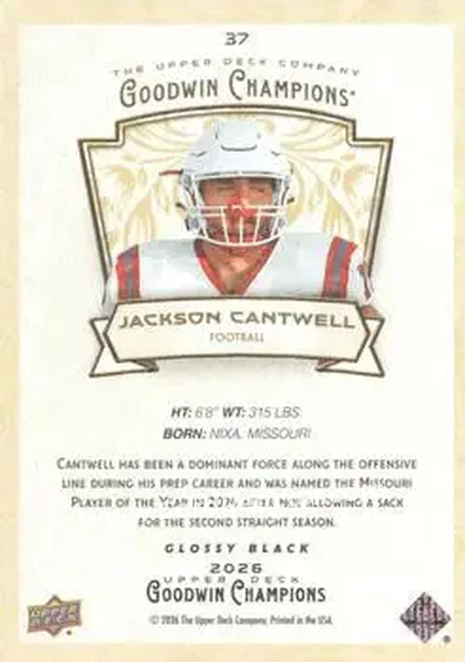 2026 Upper Deck Goodwin Champions - Glossy Black #37 - Jackson Cantwell - Back