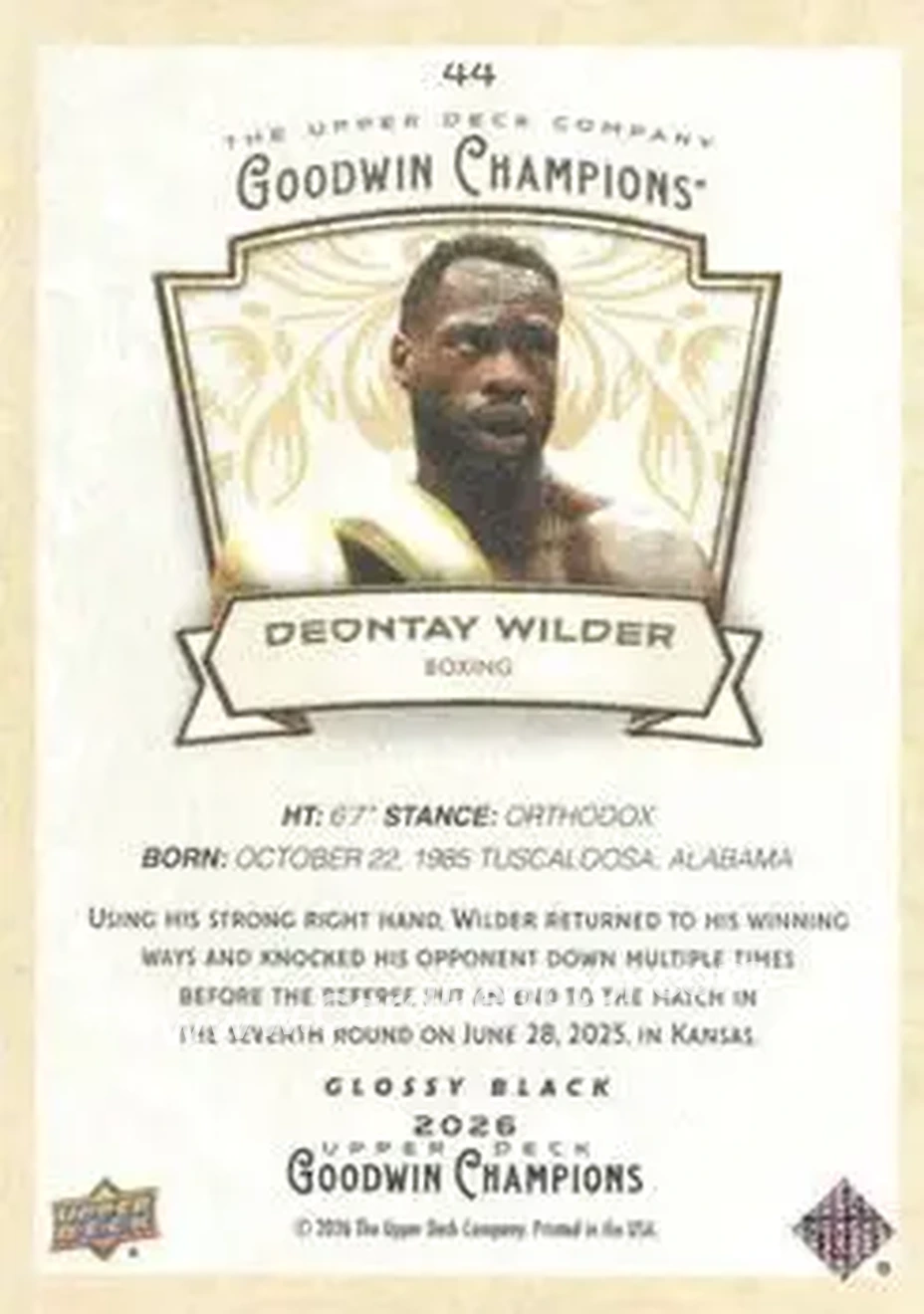 2026 Upper Deck Goodwin Champions - Glossy Black #44 - Deontay Wilder - Back