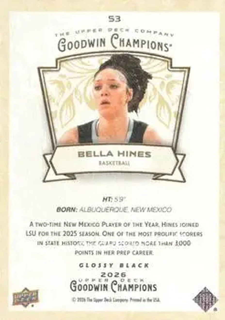 2026 Upper Deck Goodwin Champions - Glossy Black #53 - Bella Hines - Back 2026 Upper Deck Goodwin Champions - Glossy Black #53 - Bella Hines - Back