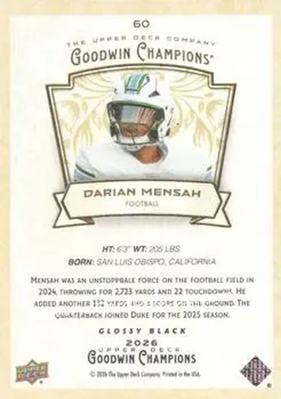 2026 Upper Deck Goodwin Champions - Glossy Black #60 - Darian Mensah - Back