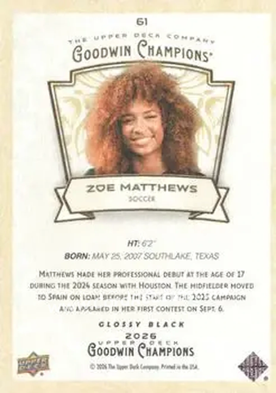 2026 Upper Deck Goodwin Champions - Glossy Black #61 - Zoe Matthews - Back