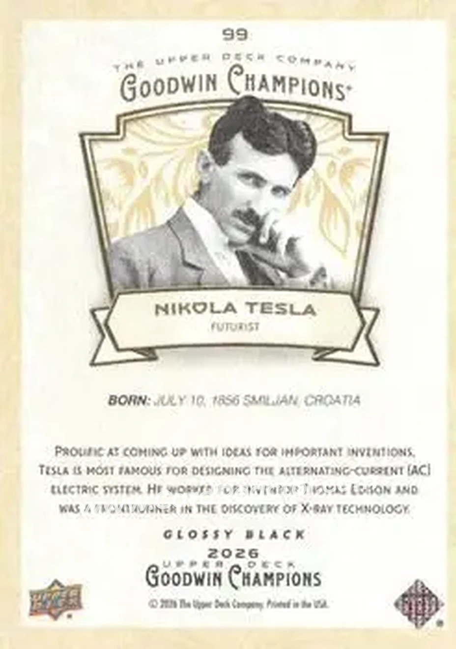 2026 Upper Deck Goodwin Champions - Glossy Black #99 - Nikola Tesla - Back