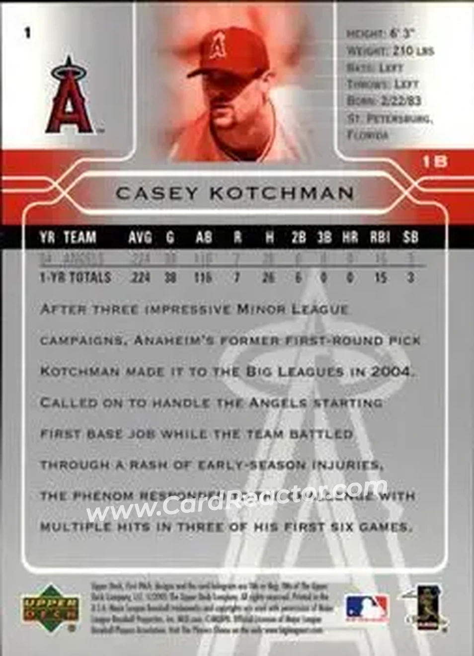 2005 Upper Deck First Pitch #1 - Casey Kotchman - Los Angeles Angels - Back