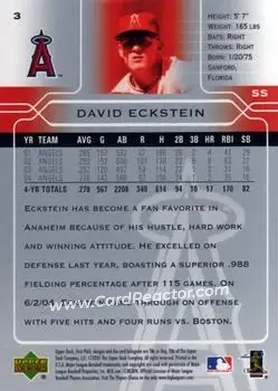 2005 Upper Deck First Pitch #3 - David Eckstein - Los Angeles Angels - Back