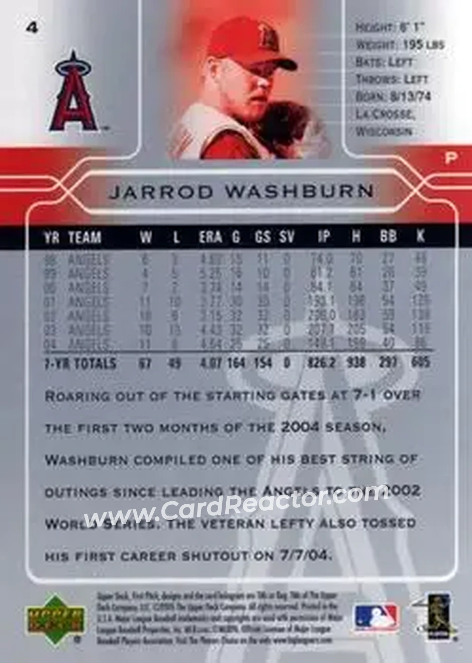 2005 Upper Deck First Pitch #4 - Jarrod Washburn - Los Angeles Angels - Back