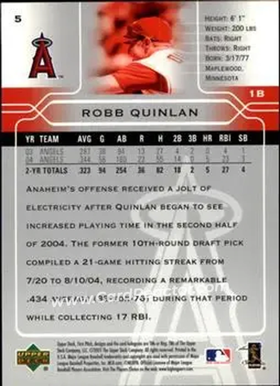 2005 Upper Deck First Pitch #5 - Robb Quinlan - Los Angeles Angels - Back 2005 Upper Deck First Pitch #5 - Robb Quinlan - Los Angeles Angels - Back