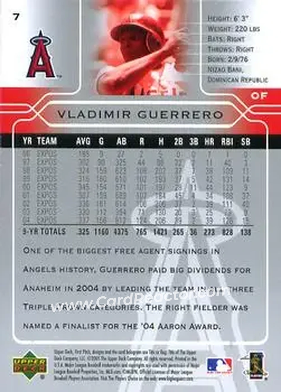 2005 Upper Deck First Pitch #7 - Vladimir Guerrero - Los Angeles Angels - Back