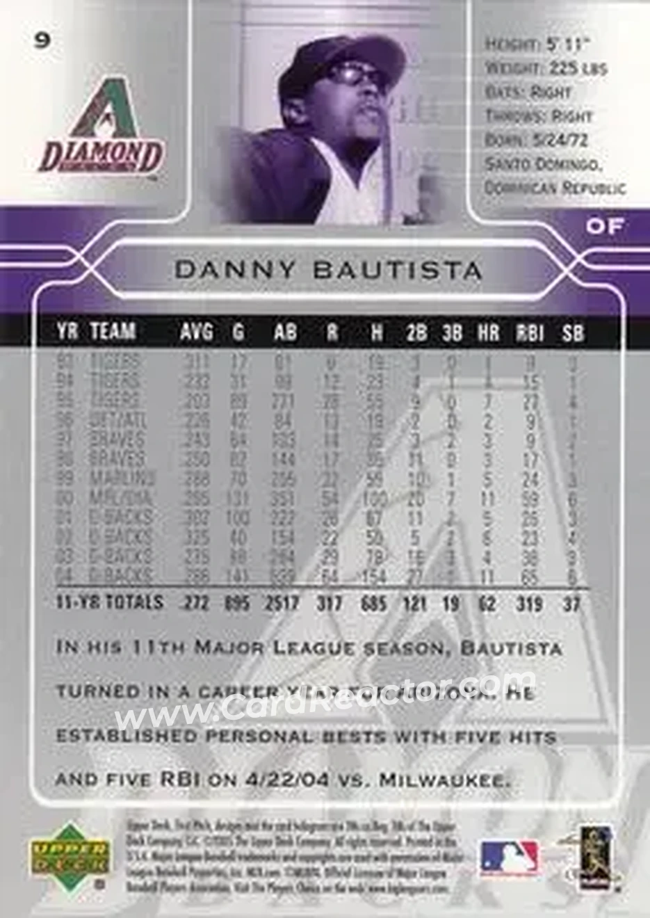 2005 Upper Deck First Pitch #9 - Danny Bautista - Arizona Diamondbacks - Back