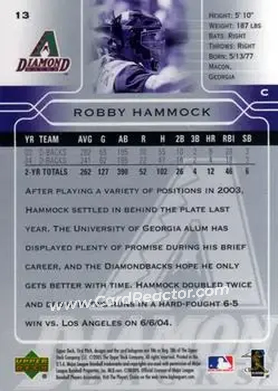 2005 Upper Deck First Pitch #13 - Robby Hammock - Arizona Diamondbacks - Back