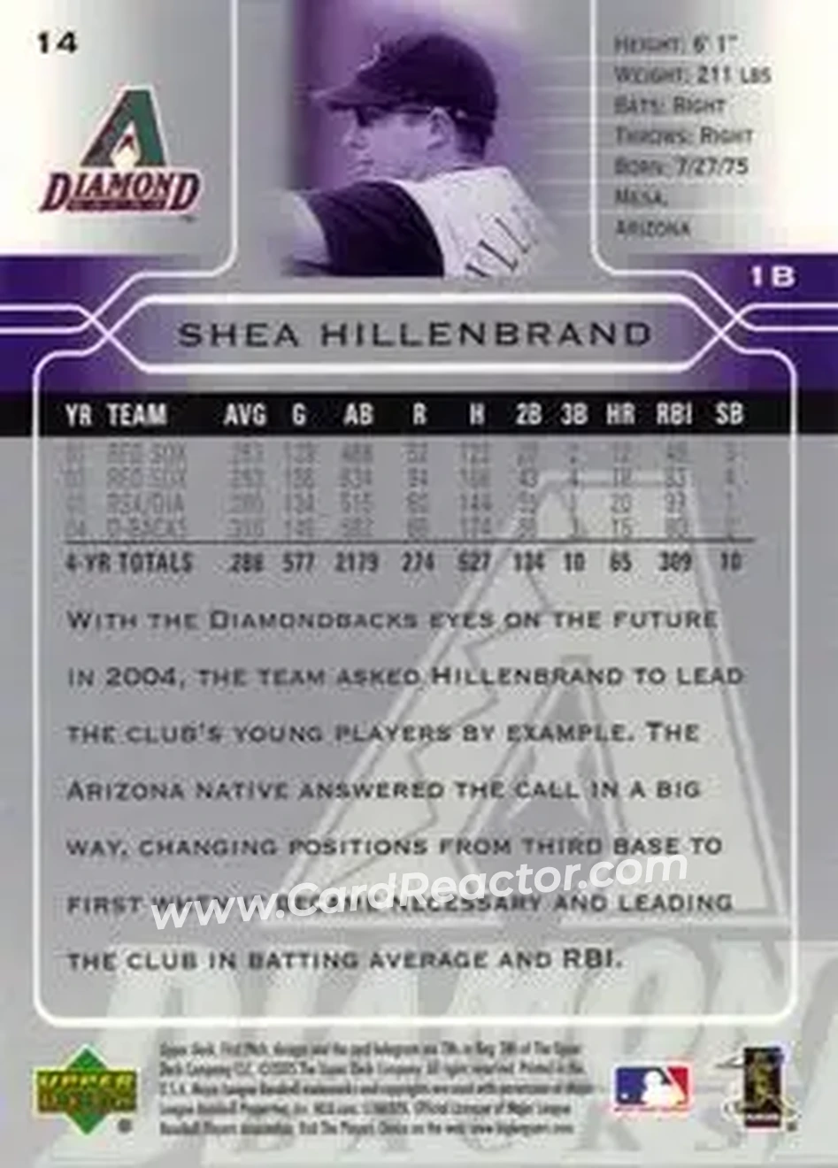 2005 Upper Deck First Pitch #14 - Shea Hillenbrand - Arizona Diamondbacks - Back 2005 Upper Deck First Pitch #14 - Shea Hillenbrand - Arizona Diamondbacks - Back