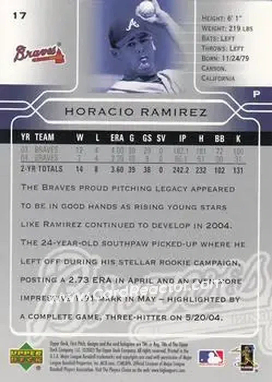 2005 Upper Deck First Pitch #17 - Horacio Ramirez - Atlanta Braves - Back