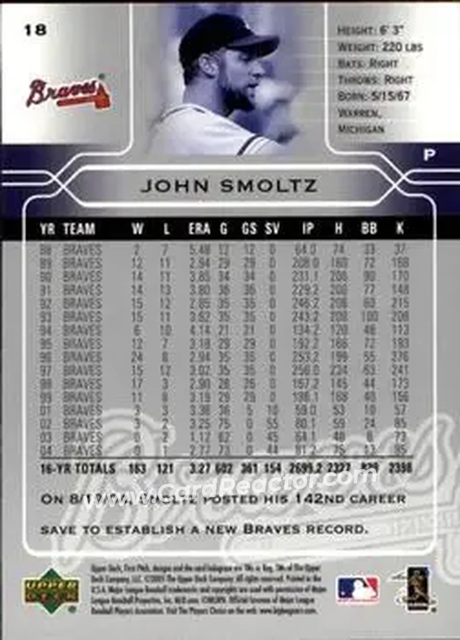 2005 Upper Deck First Pitch #18 - John Smoltz - Atlanta Braves - Back