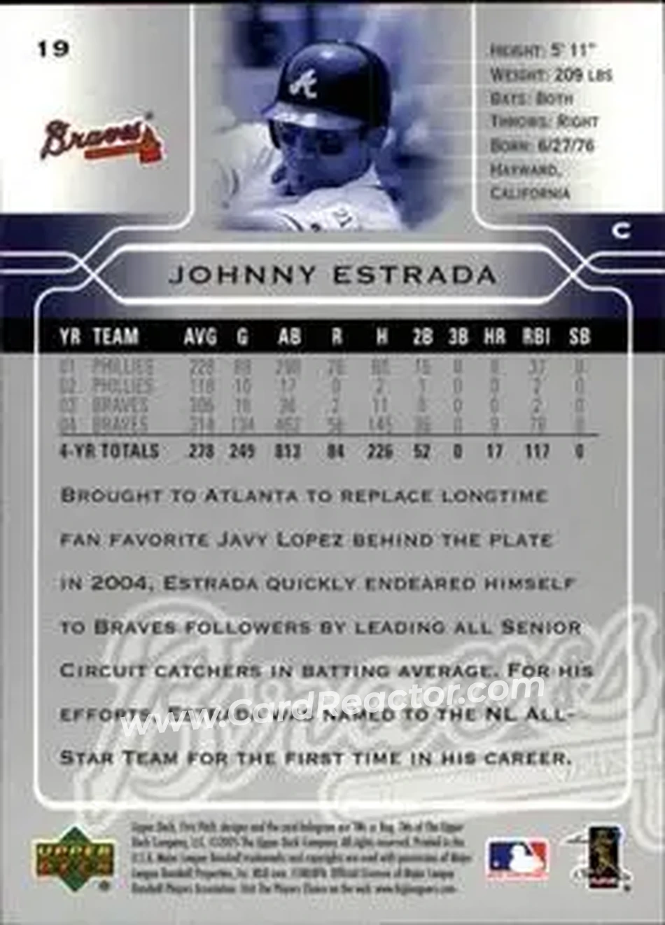 2005 Upper Deck First Pitch #19 - Johnny Estrada - Atlanta Braves - Back