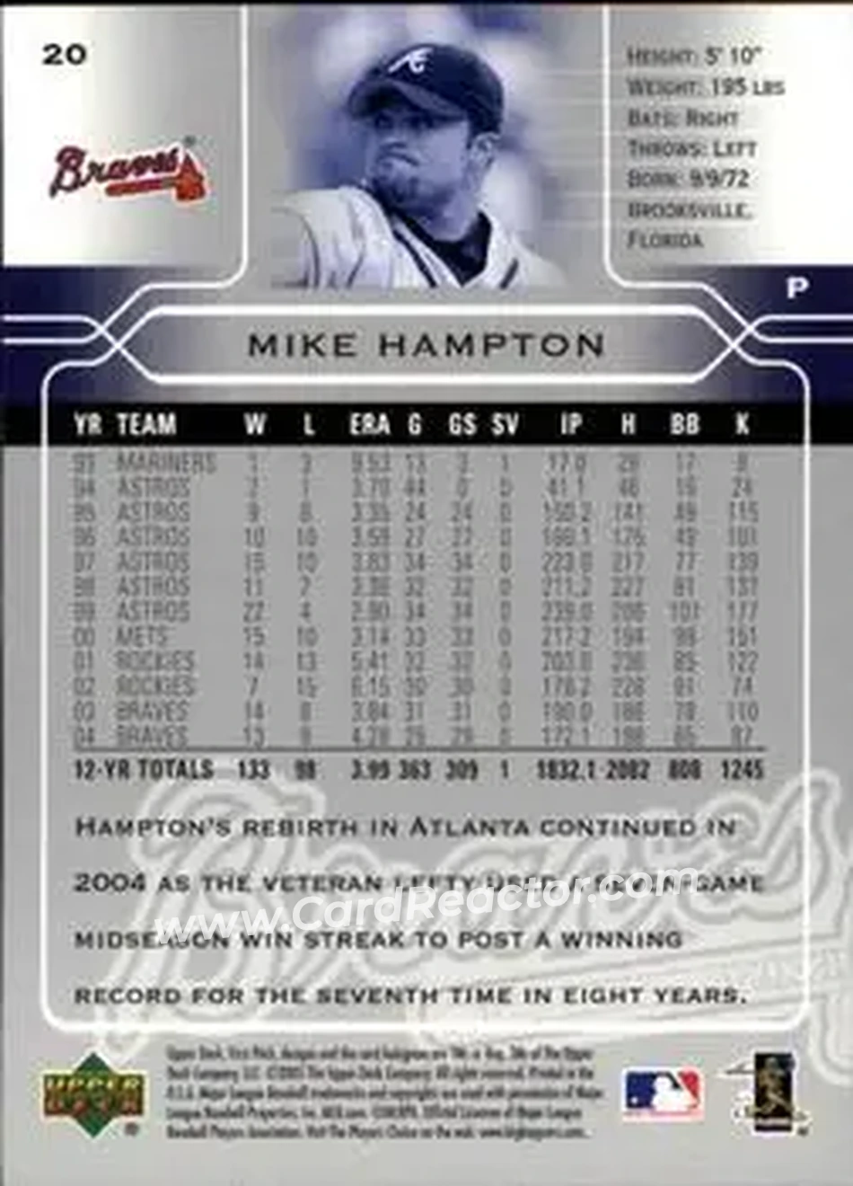 2005 Upper Deck First Pitch #20 - Mike Hampton - Atlanta Braves - Back
