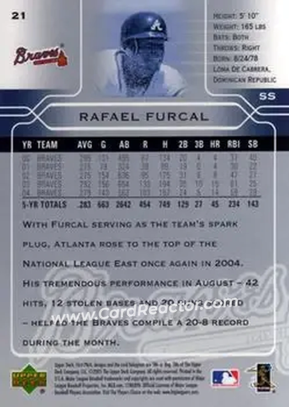 2005 Upper Deck First Pitch #21 - Rafael Furcal - Atlanta Braves - Back