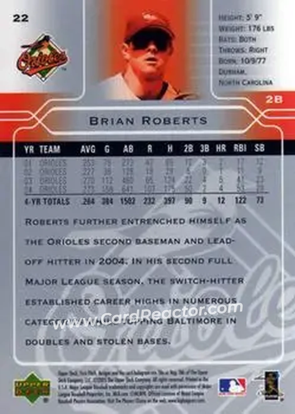 2005 Upper Deck First Pitch #22 - Brian Roberts - Baltimore Orioles - Back 2005 Upper Deck First Pitch #22 - Brian Roberts - Baltimore Orioles - Back
