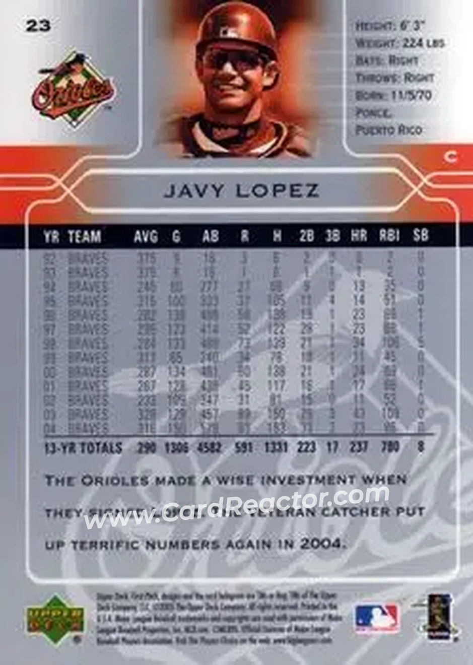 2005 Upper Deck First Pitch #23 - Javier Lopez - Baltimore Orioles - Back 2005 Upper Deck First Pitch #23 - Javier Lopez - Baltimore Orioles - Back