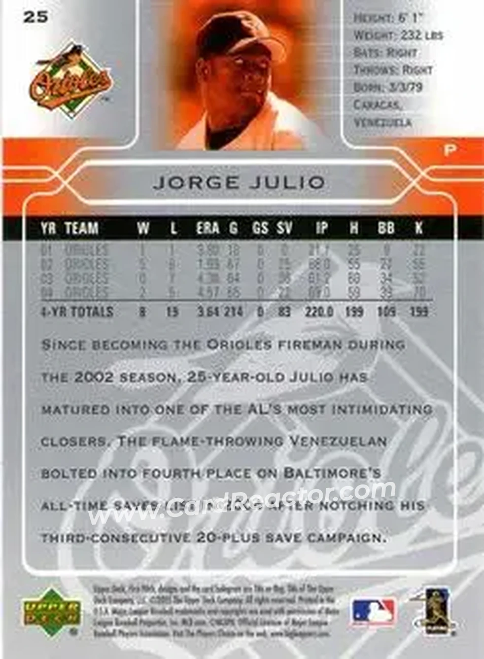 2005 Upper Deck First Pitch #25 - Jorge Julio - Baltimore Orioles - Back