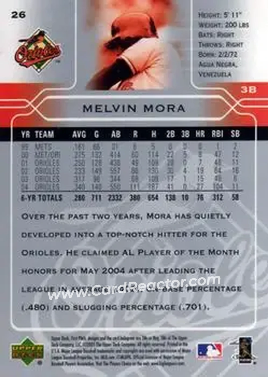 2005 Upper Deck First Pitch #26 - Melvin Mora - Baltimore Orioles - Back