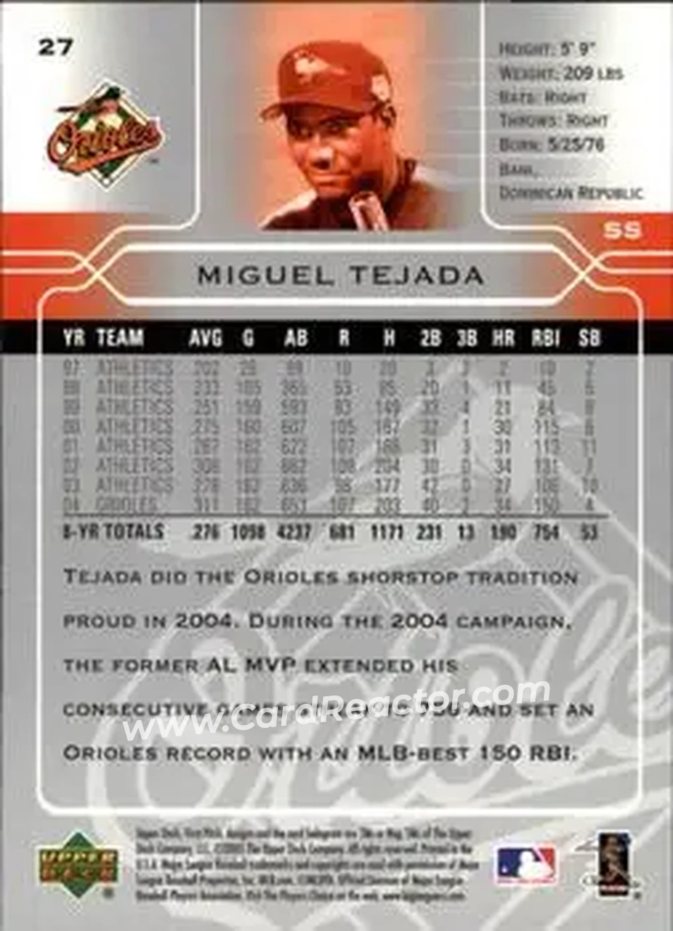 2005 Upper Deck First Pitch #27 - Miguel Tejada - Baltimore Orioles - Back 2005 Upper Deck First Pitch #27 - Miguel Tejada - Baltimore Orioles - Back