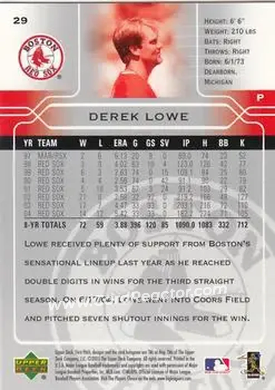 2005 Upper Deck First Pitch #29 - Derek Lowe - Boston Red Sox - Back