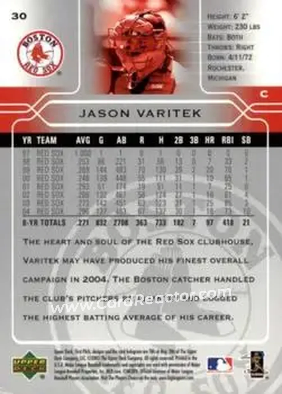 2005 Upper Deck First Pitch #30 - Jason Varitek - Boston Red Sox - Back