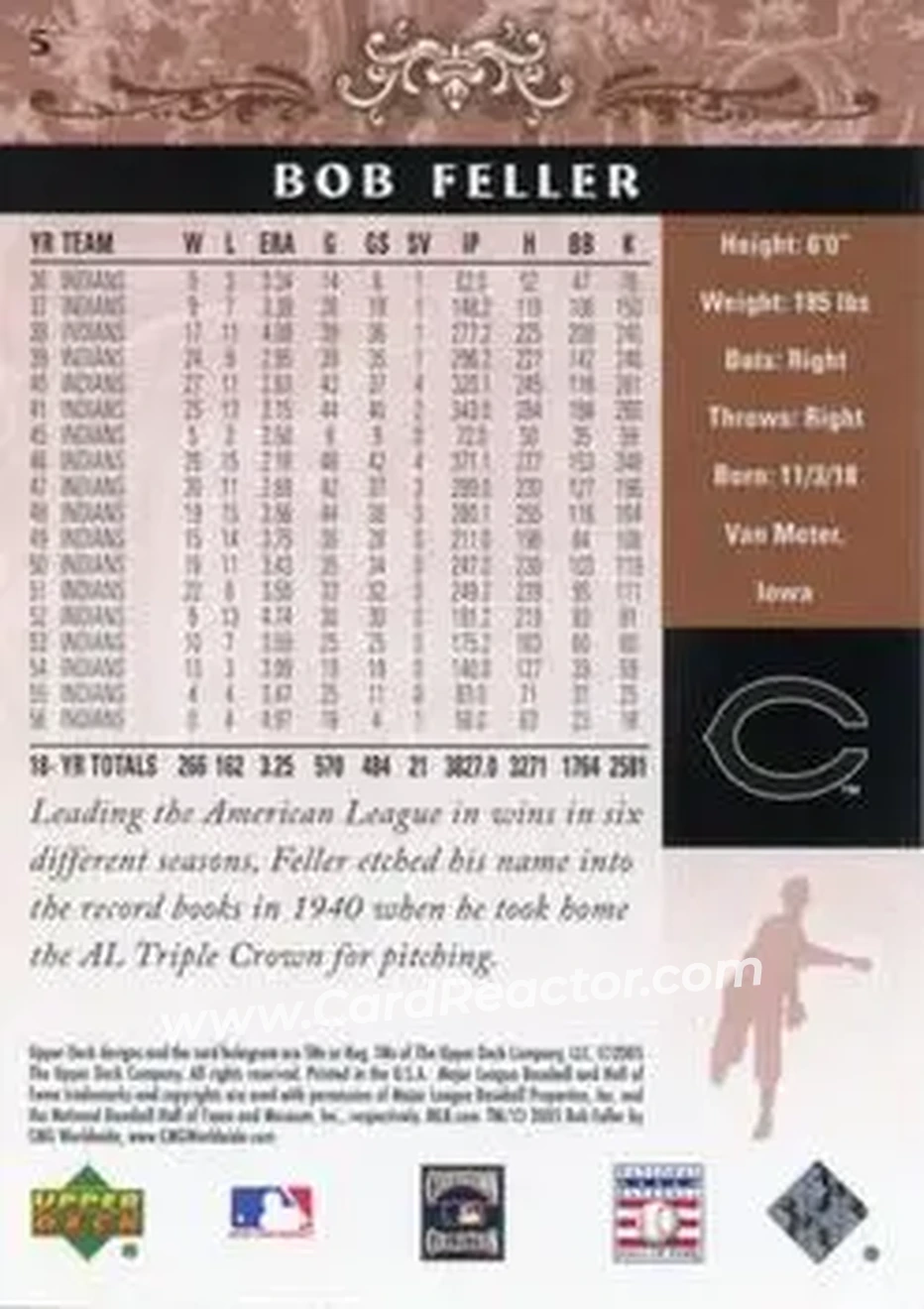 2005 Upper Deck Hall of Fame #5 - Bob Feller - Cleveland Indians - Back 2005 Upper Deck Hall of Fame #5 - Bob Feller - Cleveland Indians - Back