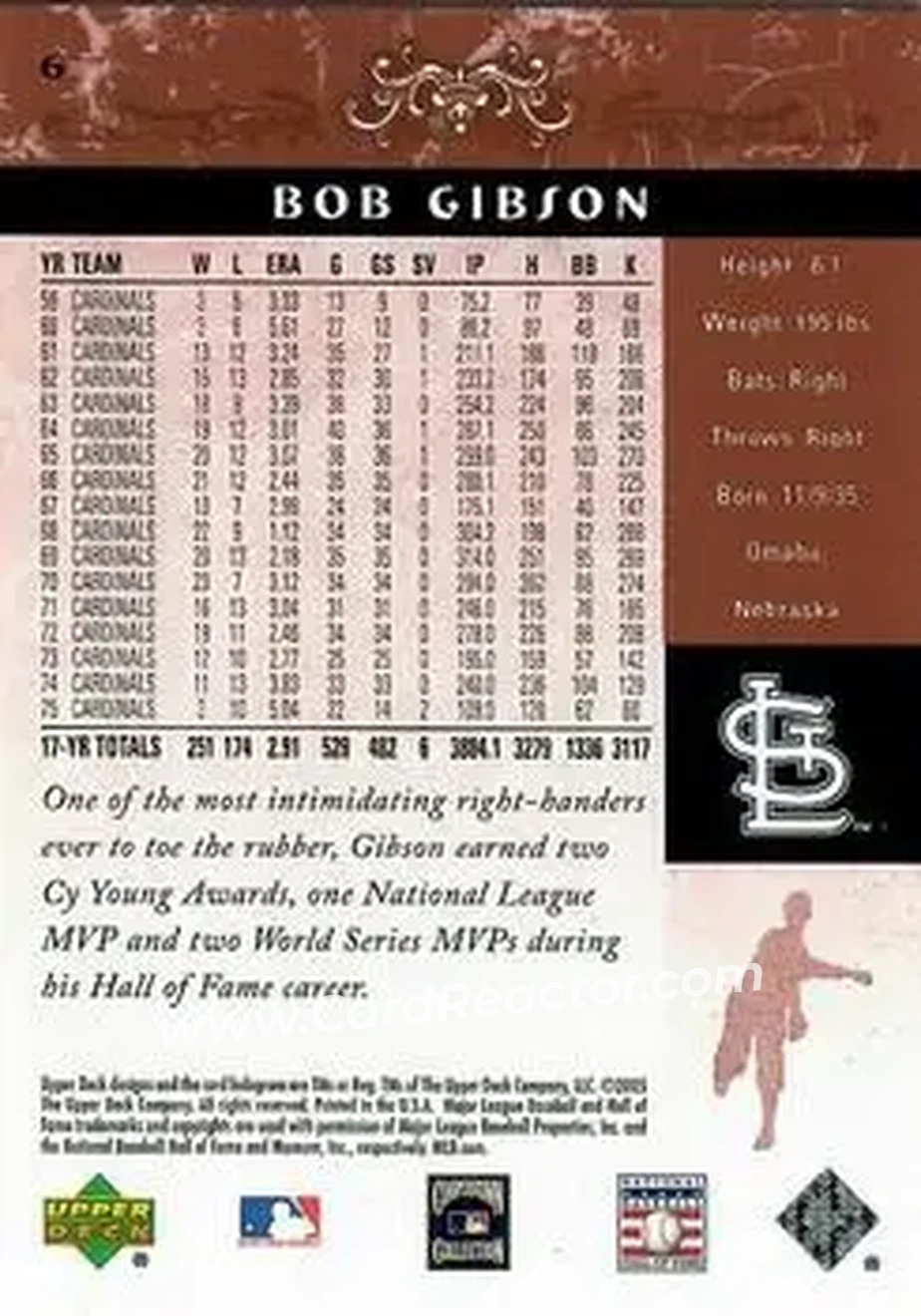 2005 Upper Deck Hall of Fame #6 - Bob Gibson - St. Louis Cardinals - Back