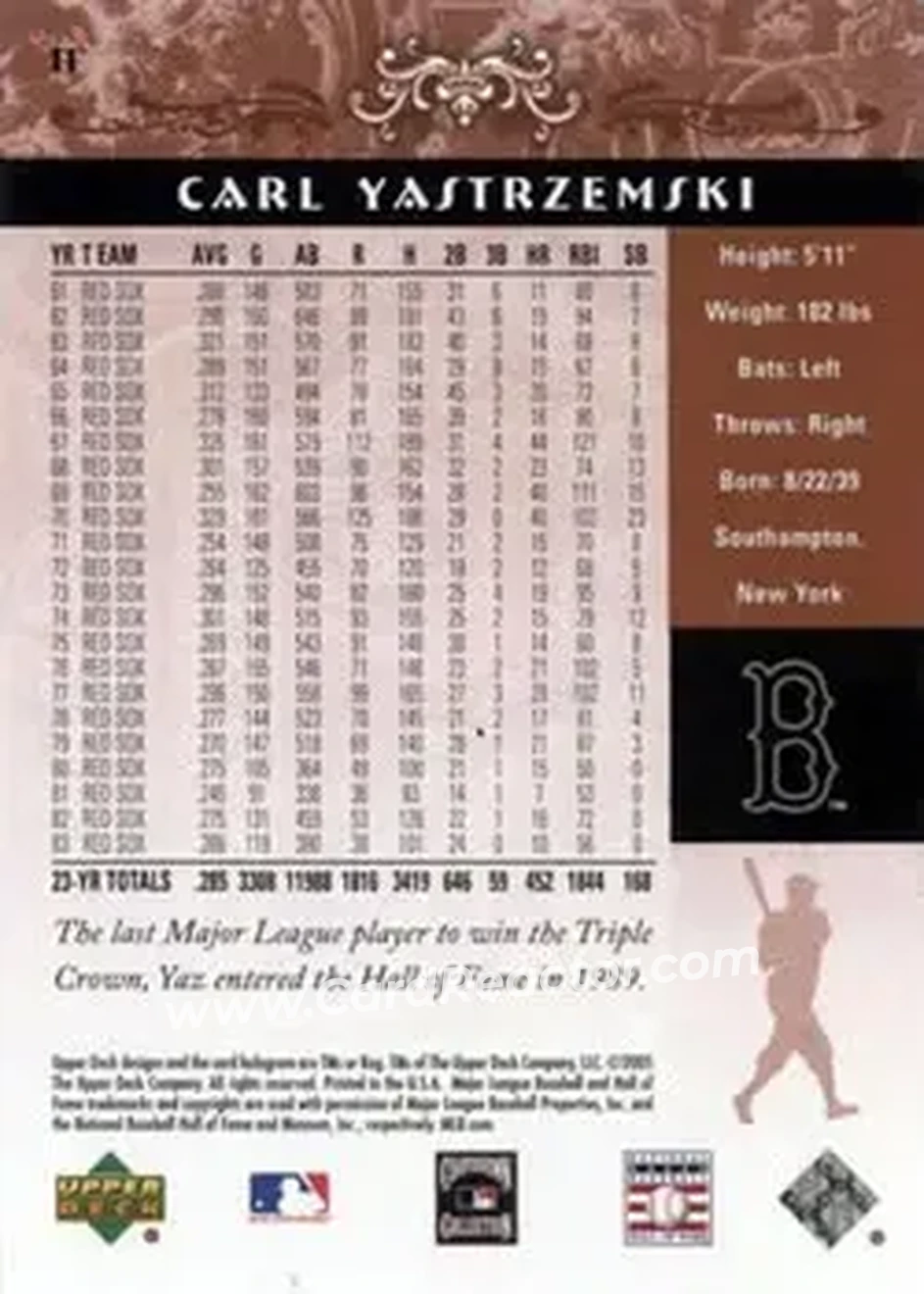 2005 Upper Deck Hall of Fame #11 - Carl Yastrzemski - Boston Red Sox - Back 2005 Upper Deck Hall of Fame #11 - Carl Yastrzemski - Boston Red Sox - Back