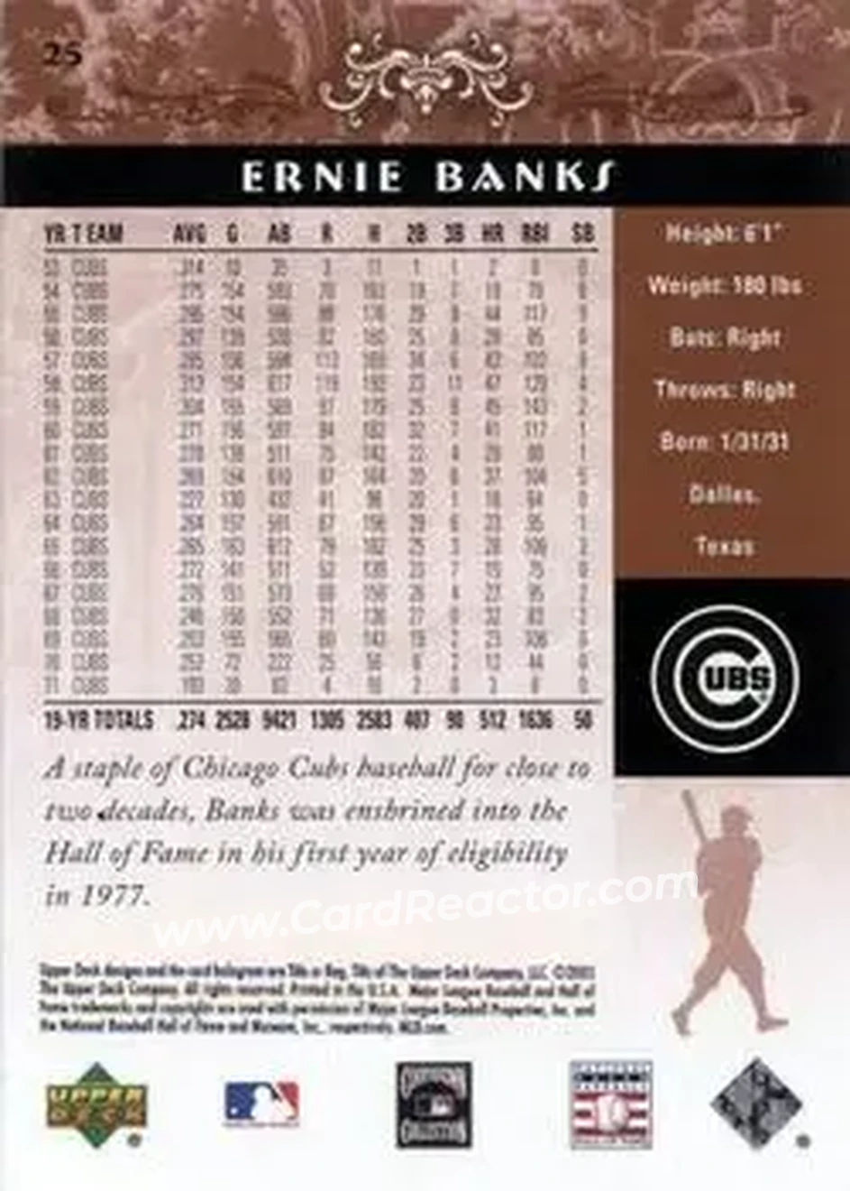 2005 Upper Deck Hall of Fame #25 - Ernie Banks - Chicago Cubs - Back