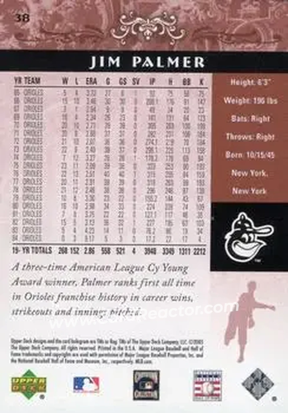 2005 Upper Deck Hall of Fame #38 - Jim Palmer - Baltimore Orioles - Back