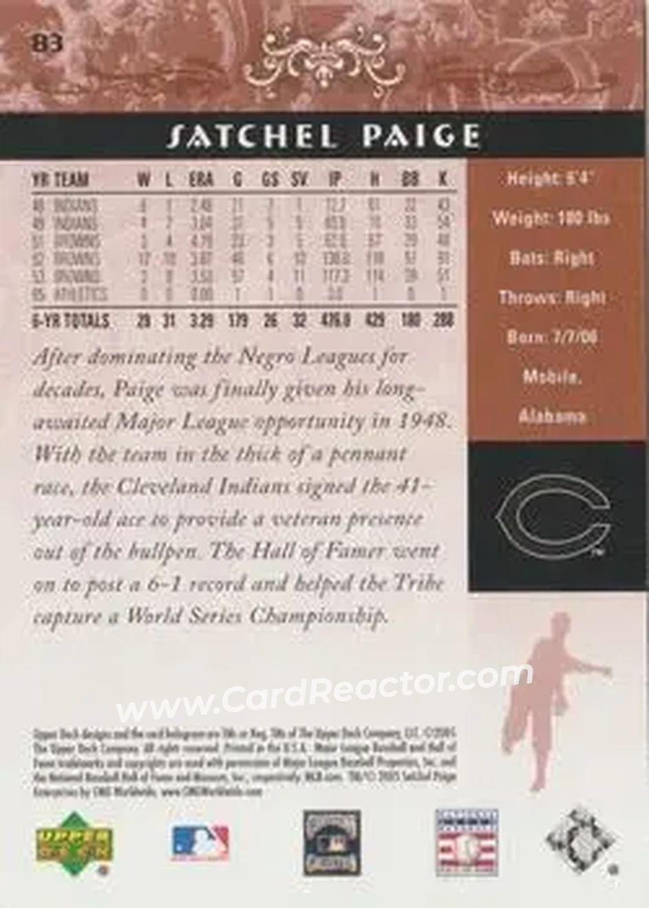 2005 Upper Deck Hall of Fame #83 - Satchel Paige - Cleveland Indians - Back