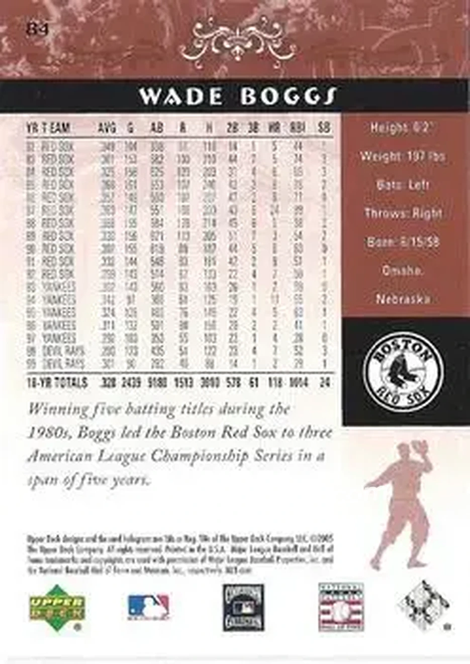 2005 Upper Deck Hall of Fame #84 - Wade Boggs - Boston Red Sox - Back 2005 Upper Deck Hall of Fame #84 - Wade Boggs - Boston Red Sox - Back